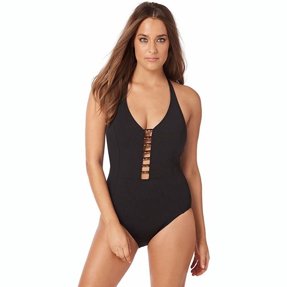New! AMORESSA MIRACLESUIT Halter Black Women's One-Piece Swimsuit Bathing Suit